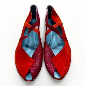 Thierry Rabotin Red Orange Color Block Peep Toe criss cross Sz 38.5 good